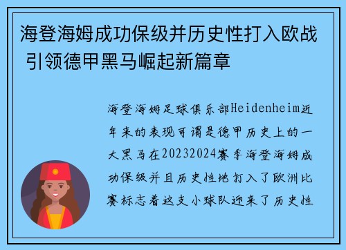海登海姆成功保级并历史性打入欧战 引领德甲黑马崛起新篇章