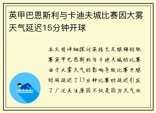 英甲巴恩斯利与卡迪夫城比赛因大雾天气延迟15分钟开球 英甲巴恩斯利与卡迪夫城比赛因大雾天气延迟15分钟开球